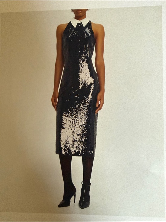 L'AGENCE Dresses & Skirts - L'AGENCE Black Sequin Halter Midi Dress with White Contrast Collar